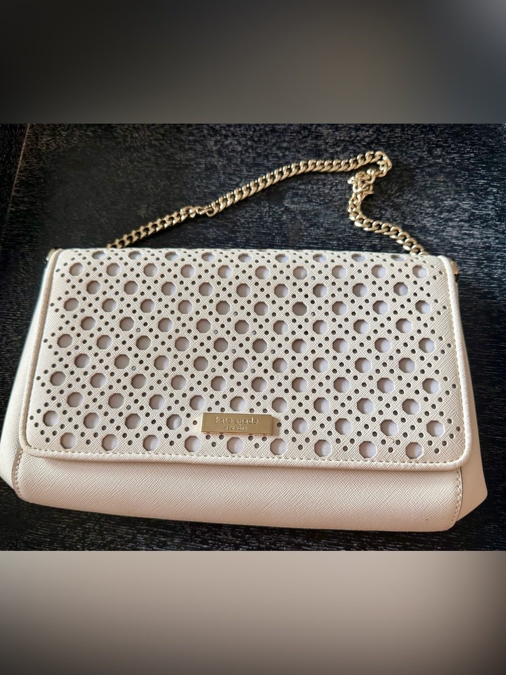 kate spade Cream Perforated Chain Clutch with Gold Hardware